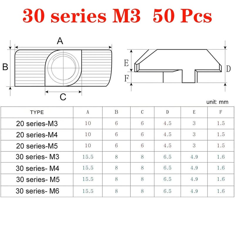 SDY Still Awake 50pcs 3030 Series M3 T-Nuts, Nickel Plated Carbon Steel, Hammer Head Fastener Nut for 30 Series Aluminum Extrusion Profile T Slot 8mm - Image 2